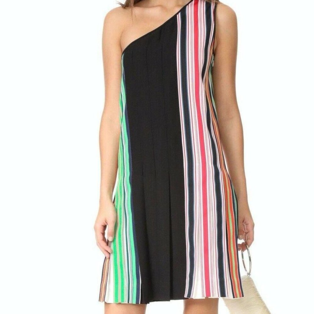 DVF Diane Von Furstenberg One-Shoulder Pleated Ribbon Dress 2 Multicolor Strips